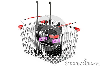 Shopping basket with portable radios walkie-talkie, 3D rendering Stock Photo