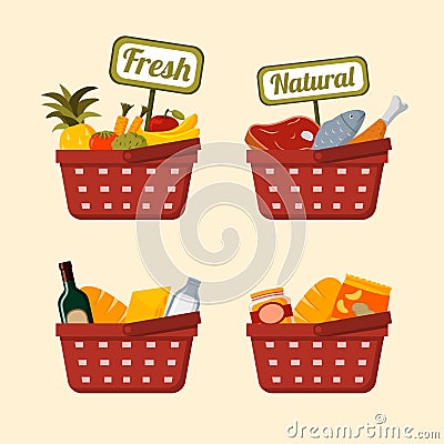 Shopping basket set with foods Vector Illustration