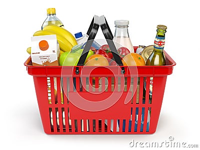 Shopping basket with variety of grocery products isolated on white background. Cartoon Illustration