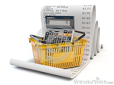 Shopping basket withcalculator on receipt isolated on white. Grocery expenses budget and consumerism Cartoon Illustration