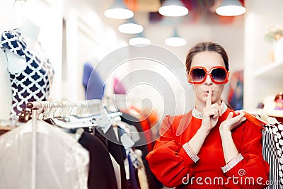 Shopping with Big Sunglasses Woman Keeping a Secret Stock Photo