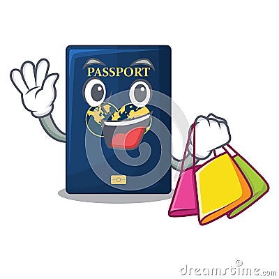 Shopping blue passport above character wooden table Vector Illustration