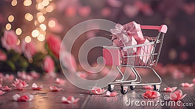 a shopping cart adorned with a pink peripheral gift box, symbolizing the anticipation and love associated with Stock Photo