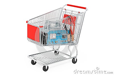 Shopping cart with battery charger for car. 3D rendering Stock Photo