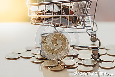 Shopping cart and bitcoin, Concept of cryptocurrency market, paying with bitcoin or altcoin Stock Photo