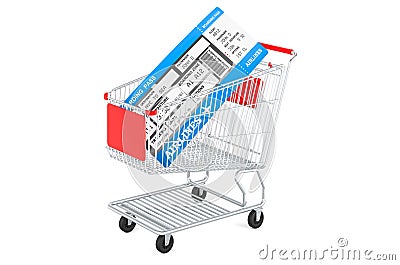 Shopping cart with boarding pass ticket, 3D rendering Stock Photo