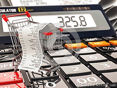 Shopping cart on calculator and receipt. Home budget or consumer Stock Photo