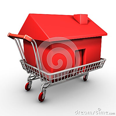 Shopping cart carrying a red house Stock Photo