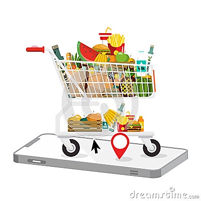 Shopping Cart with Cellphone. Vector E-Shop Symbol Vector Illustration