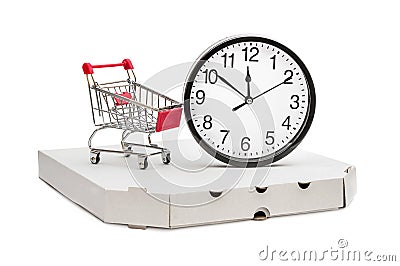 Shopping cart, clock and pizza box on white. Delivery intime Stock Photo