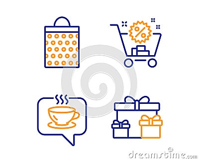 Shopping cart, Coffee and Shopping bag icons set. Surprise boxes sign. Discount, Cafe, Paper package. Vector Vector Illustration