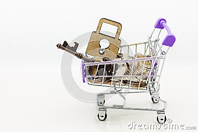 Shopping cart with coins and master key for retail business. Image use for online and offline shopping, marketing place Stock Photo