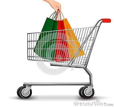 Shopping cart with colorful shopping bags. Discount concept. Vector Illustration