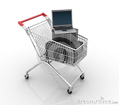 Shopping Cart with Computer Laptops Cartoon Illustration
