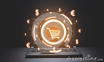 Shopping cart and currency symbols. Online Shopping Stock Photo