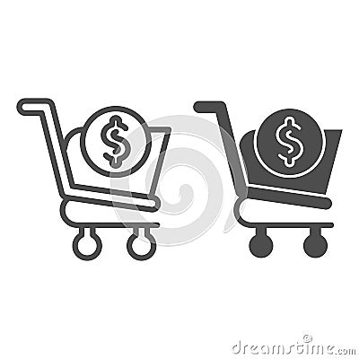 Shopping cart with dollar line and glyph icon. Market trolley with coin button, money sign. Commerce vector design Vector Illustration