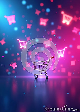 a shopping cart with dynamic floating shopping carts icon in varies size on the futuristic surface Vector Illustration