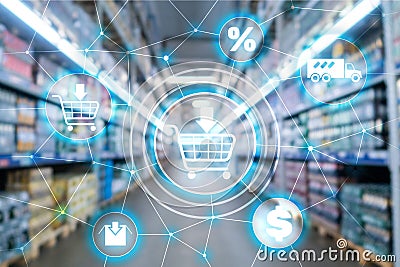 Shopping cart Ecommerce Marketing channel distribution concept on supermarket background. Stock Photo