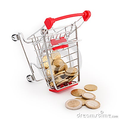 Shopping cart with euro coins in it is falling on white background. Conceptual representation of a failure, poverty and being brok Stock Photo