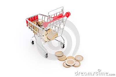 Shopping cart with euro coins falling from it on white background. Conceptual representation of a failure, poverty and Stock Photo