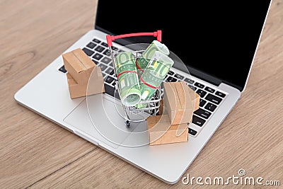 Shopping cart and express parcel full of euro banknotes on laptop keyboard Stock Photo