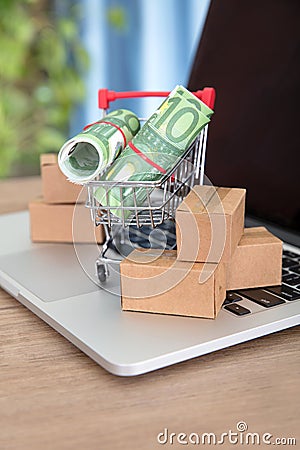 Shopping cart and express parcel full of euro banknotes on laptop keyboard Stock Photo