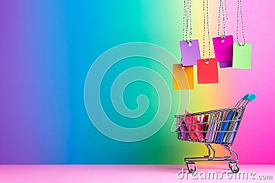 A shopping cart filled with items, displaying tags that highlight price versus perceived utility in consumer choice, Generated AI Stock Photo