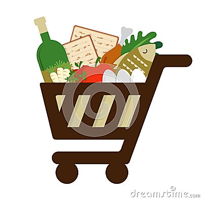 Shopping cart filled in with traditional food for passover holiday Vector Illustration