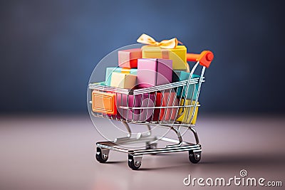 Shopping cart filled with variety color of gift boxes Stock Photo
