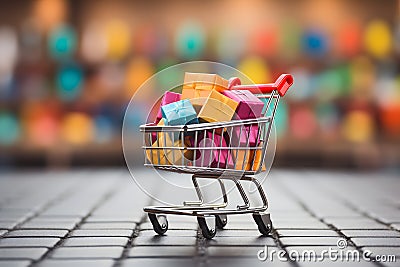Shopping cart filled with variety color of gift boxes Stock Photo