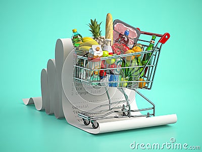 Shopping cart with foods on receipt. Grocery expenses budget, inflation and consumerism concept Cartoon Illustration