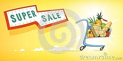 Shopping cart with foodstuff. Vector Illustration