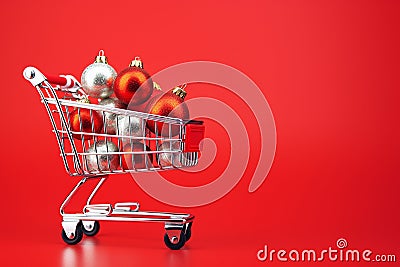 Shopping cart full of Christmas balls. AI generated. Supermarket trolley with decoration, winter holidays. Christmas sale Stock Photo