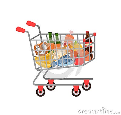 Shopping cart. Full grocery trolley fruits and vegetables, bread and meat, plastic bottles with beverages, department Vector Illustration