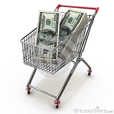 Shopping cart full of stacks of dollar bills Stock Photo