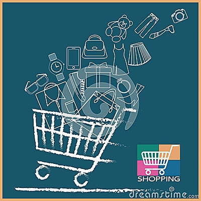Shopping cart full variety of products Vector Illustration