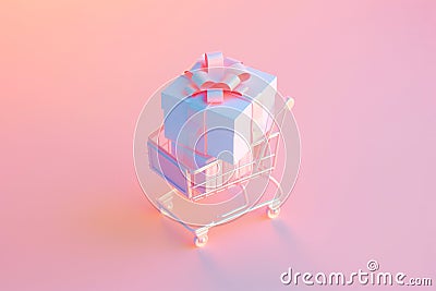 Shopping cart with gift boxes. Shopping basket full of gifts on pastel background. Sale, Black Friday concept, shopping season, Stock Photo