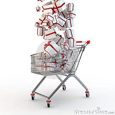 Shopping cart and giftboxes Stock Photo