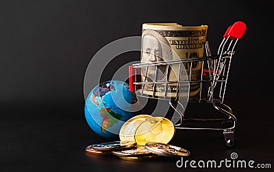 Shopping cart with golden ether coins or Ethereum network exchange and 100 dollars in the cart Editorial Stock Photo