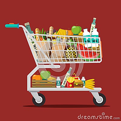 Shopping Cart with Goods. Trolley with Food Vector Illustration