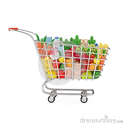 Shopping cart with groceries. Full metal grocery or food basket with products isolated on white. Cartoon Illustration