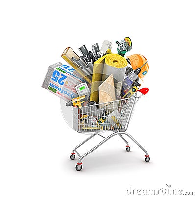 Shopping cart with heap of building materials Cartoon Illustration