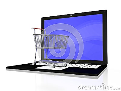 Shopping Cart on Laptop Cartoon Illustration