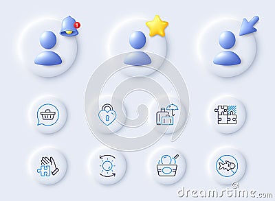 Shopping cart, Luggage insurance and Puzzle game line icons. For web app, printing. Vector Vector Illustration