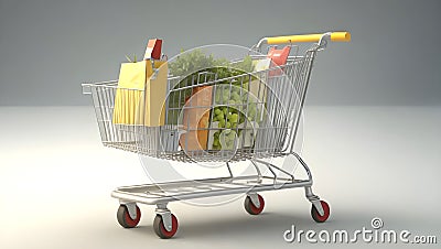 Shopping cart and many types of markets in it Ai Generated Stock Photo