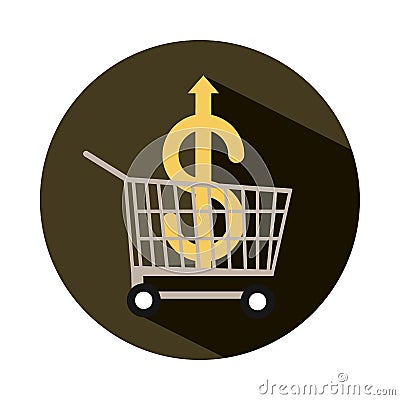Shopping cart with money going up arrow, rising food prices, block style icon Vector Illustration