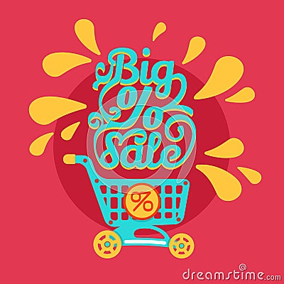 Shopping cart with percent discounts and sale text Vector Illustration