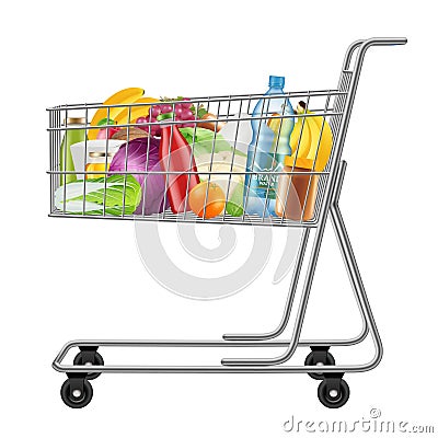 Shopping cart with products. Supermarkets grocery full bags with fresh products decent vector illustrations Vector Illustration