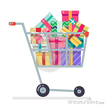 Shopping cart purchase gift flat design character vector illustration Vector Illustration