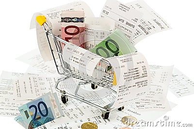 Shopping cart, receipts and money Stock Photo